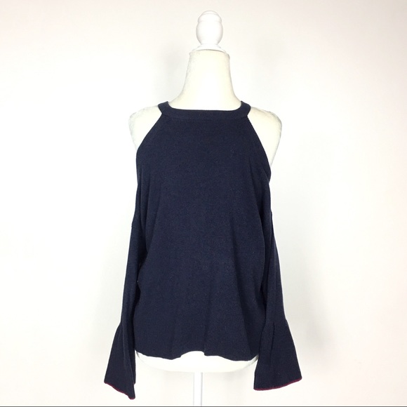 ANTHRO Knitted & Knotted Cold Shoulder Navy Knit Bell Sleeve Sweater Size XS - Picture 6 of 6